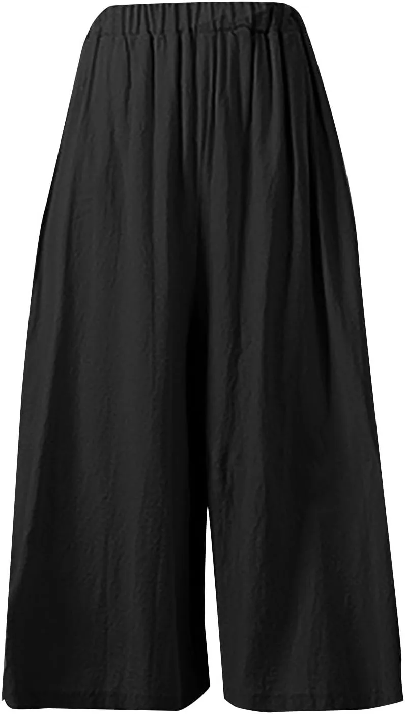Wide Leg Linen Pants for Women Summer Elastic Waist Palazzo Trousers Pant Casual Flowy Beach Trousers with Pockets