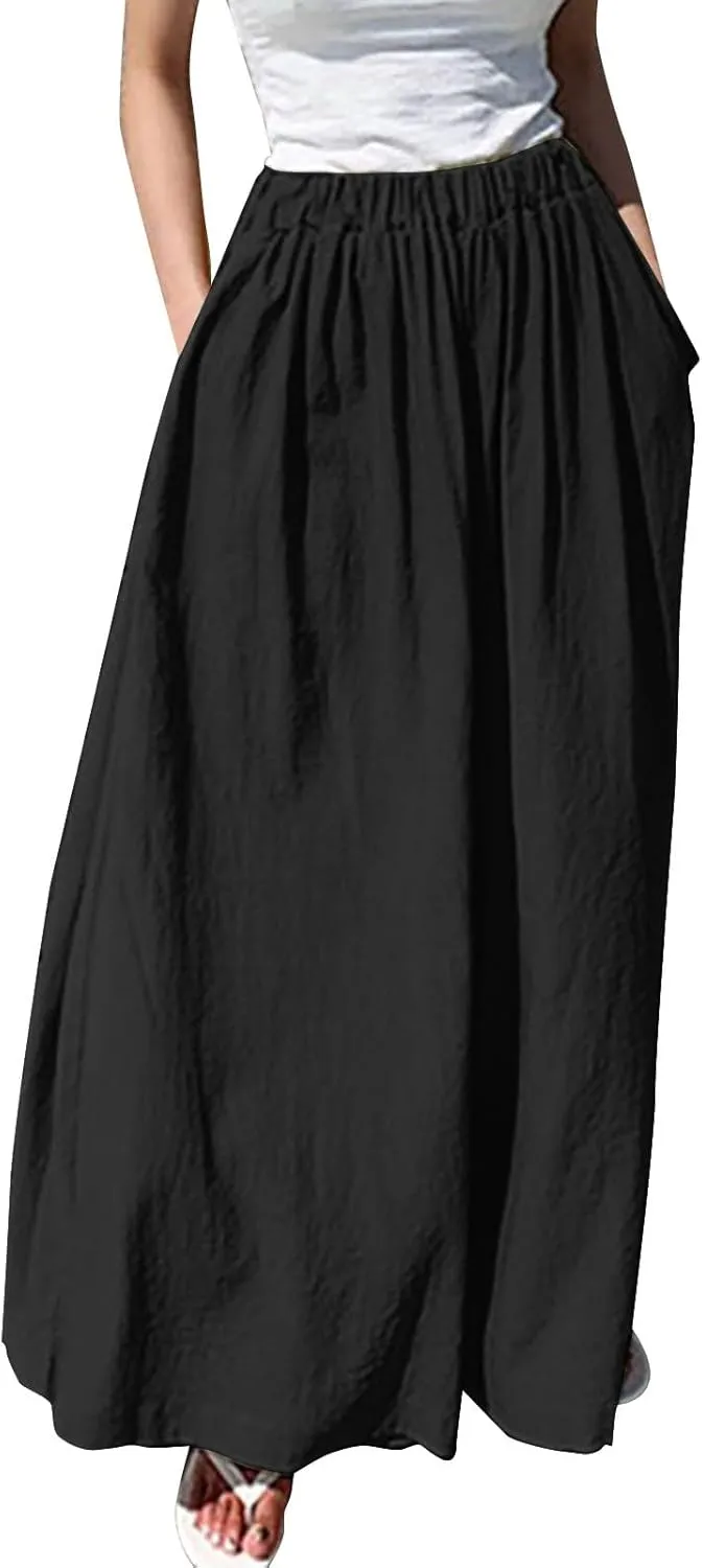 Wide Leg Linen Pants for Women Summer Elastic Waist Palazzo Trousers Pant Casual Flowy Beach Trousers with Pockets