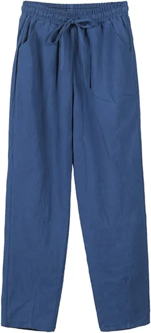 Wide Leg Linen Pants Women Hight Elastic Waisted Palazzo Pants Breathable Vacation Summer Casual Beach Trousers