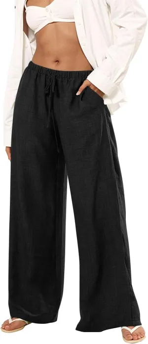 Wide Leg Linen Pants Women Summer Flowy High Waisted Palazzo Beach Pants Trendy Trousers with Pockets