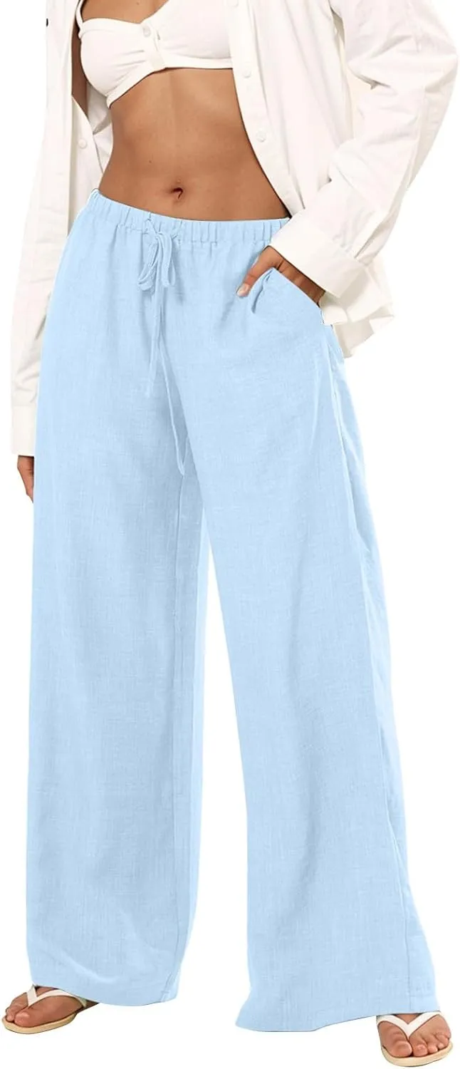 Wide Leg Linen Pants Women Summer Flowy High Waisted Palazzo Beach Pants Trendy Trousers with Pockets