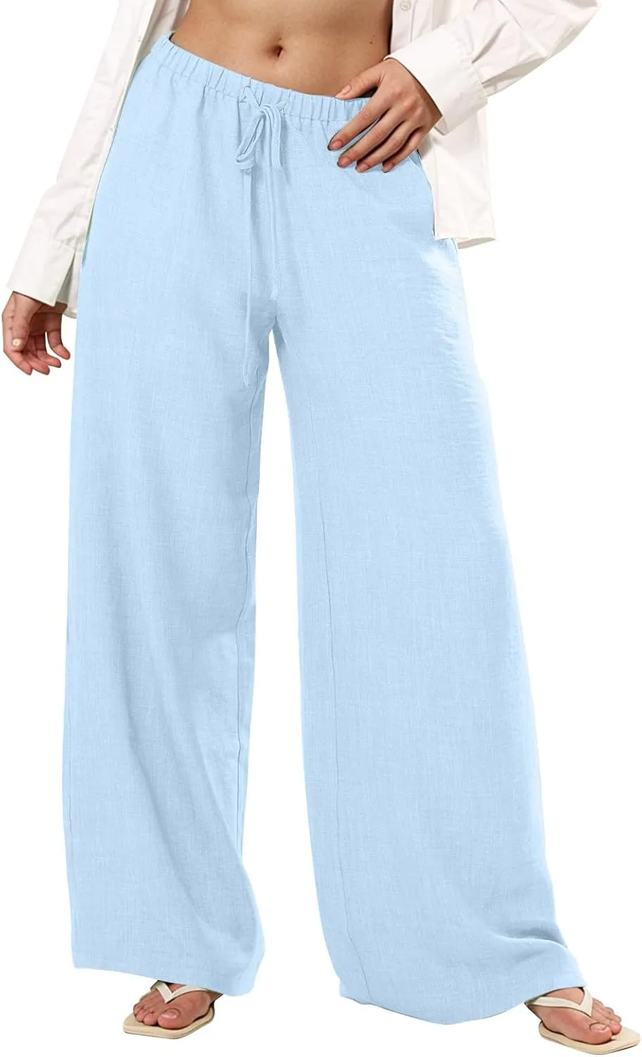 Wide Leg Linen Pants Women Summer Flowy High Waisted Palazzo Beach Pants Trendy Trousers with Pockets