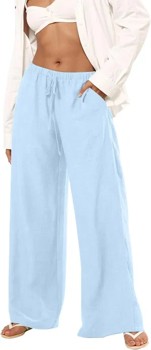 Wide Leg Linen Pants Women Summer Flowy High Waisted Palazzo Beach Pants Trendy Trousers with Pockets