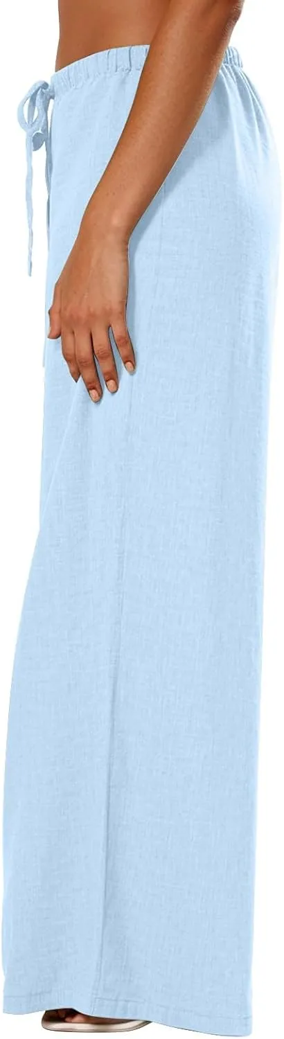 Wide Leg Linen Pants Women Summer Flowy High Waisted Palazzo Beach Pants Trendy Trousers with Pockets