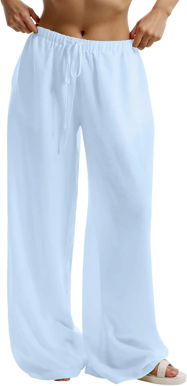 Wide Leg Linen Pants Women Summer Flowy High Waisted Palazzo Beach Pants Trendy Trousers with Pockets
