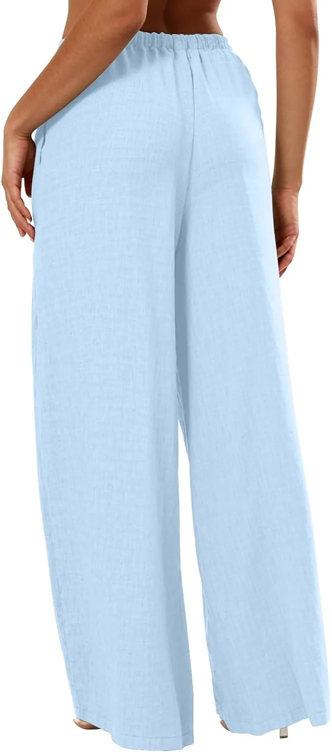 Wide Leg Linen Pants Women Summer Flowy High Waisted Palazzo Beach Pants Trendy Trousers with Pockets