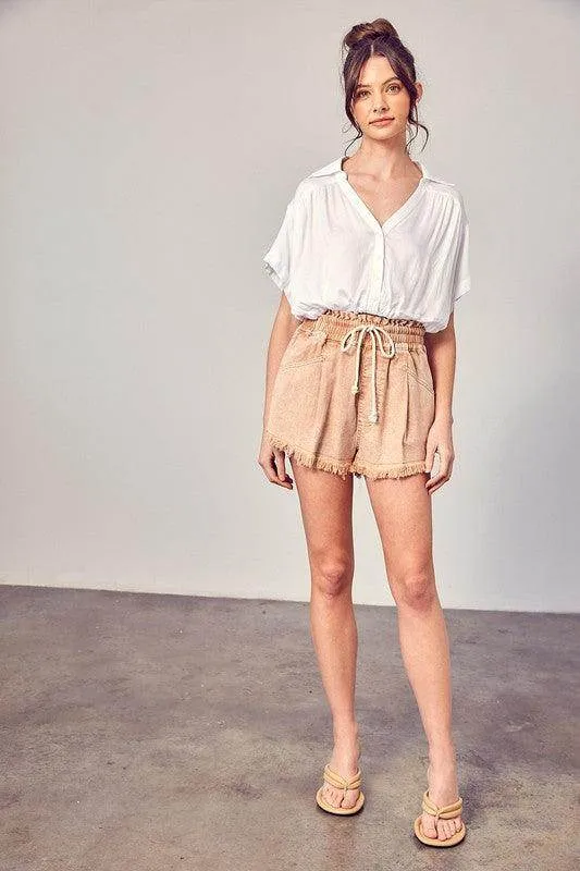 Wide Waist Band Destroyed Frayed Denim Shorts