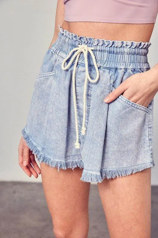 Wide Waist Band Destroyed Frayed Denim Shorts