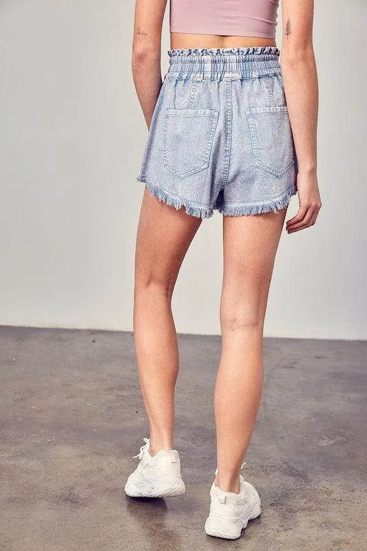 Wide Waist Band Destroyed Frayed Denim Shorts