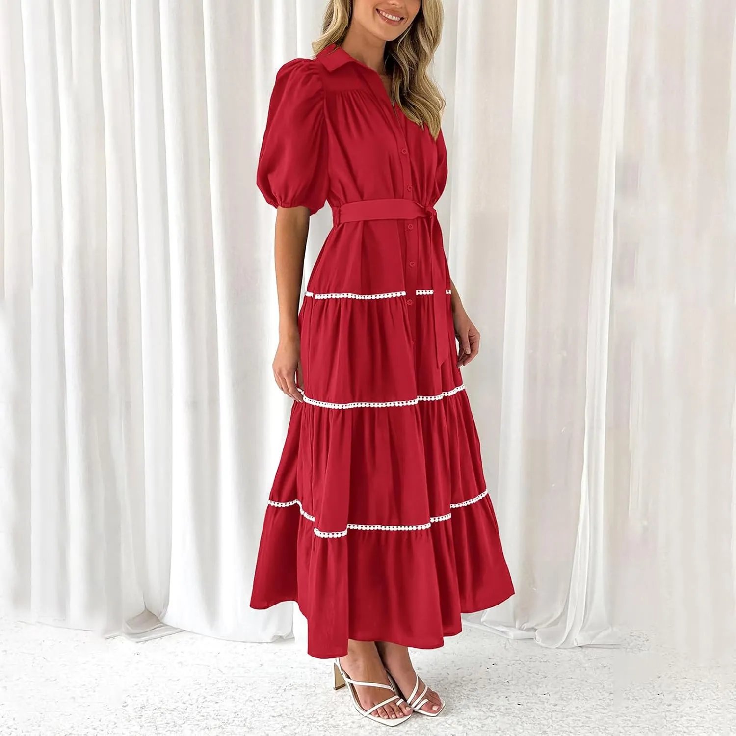Women 2025 Summer Puff Sleeve Dresses Casual Tiered Ruffle Maxi Dress Ladies Elegant Lace-Up Waist Shirt Dress