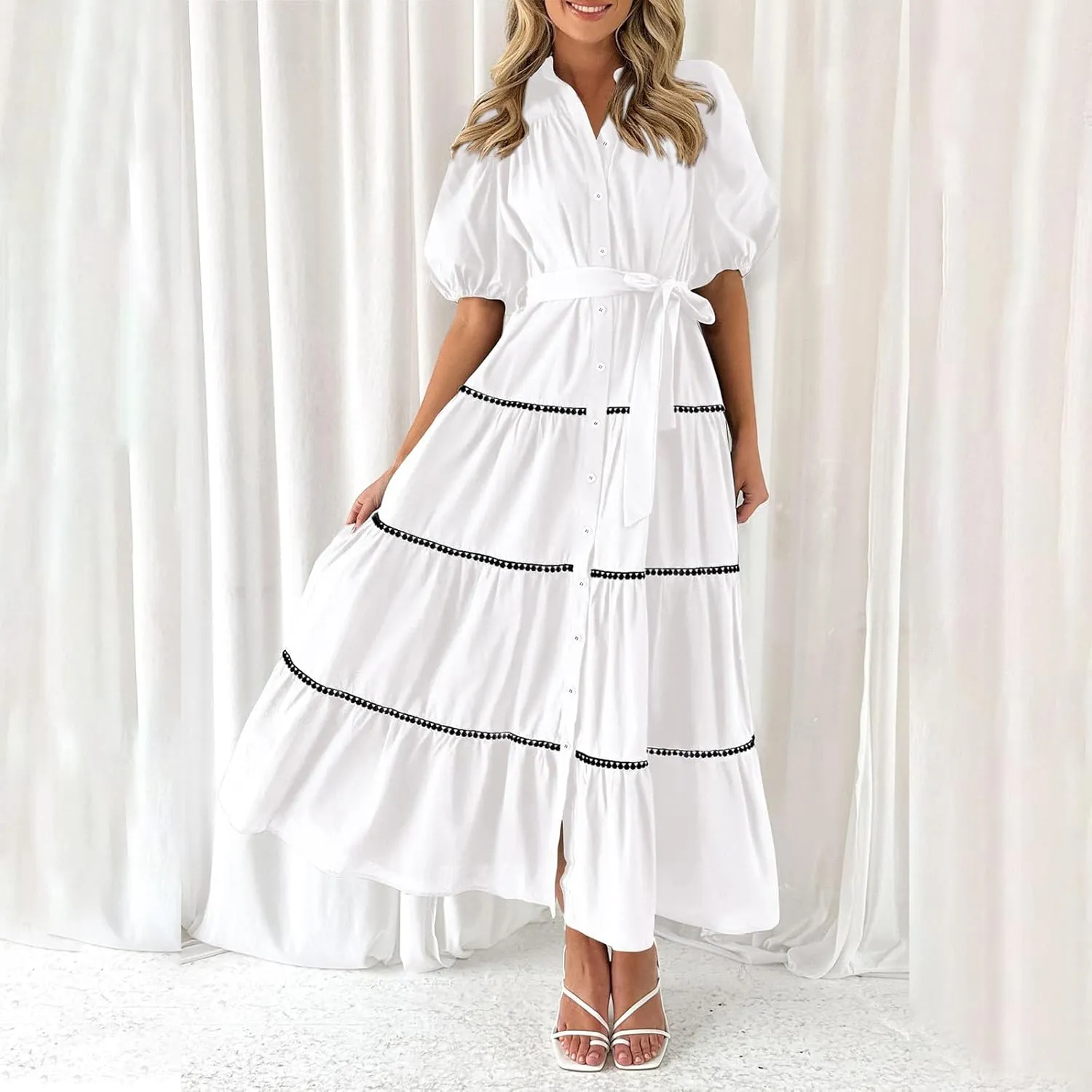 Women 2025 Summer Puff Sleeve Dresses Casual Tiered Ruffle Maxi Dress Ladies Elegant Lace-Up Waist Shirt Dress