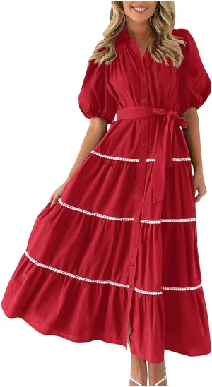 Women 2025 Summer Puff Sleeve Dresses Casual Tiered Ruffle Maxi Dress Ladies Elegant Lace-Up Waist Shirt Dress