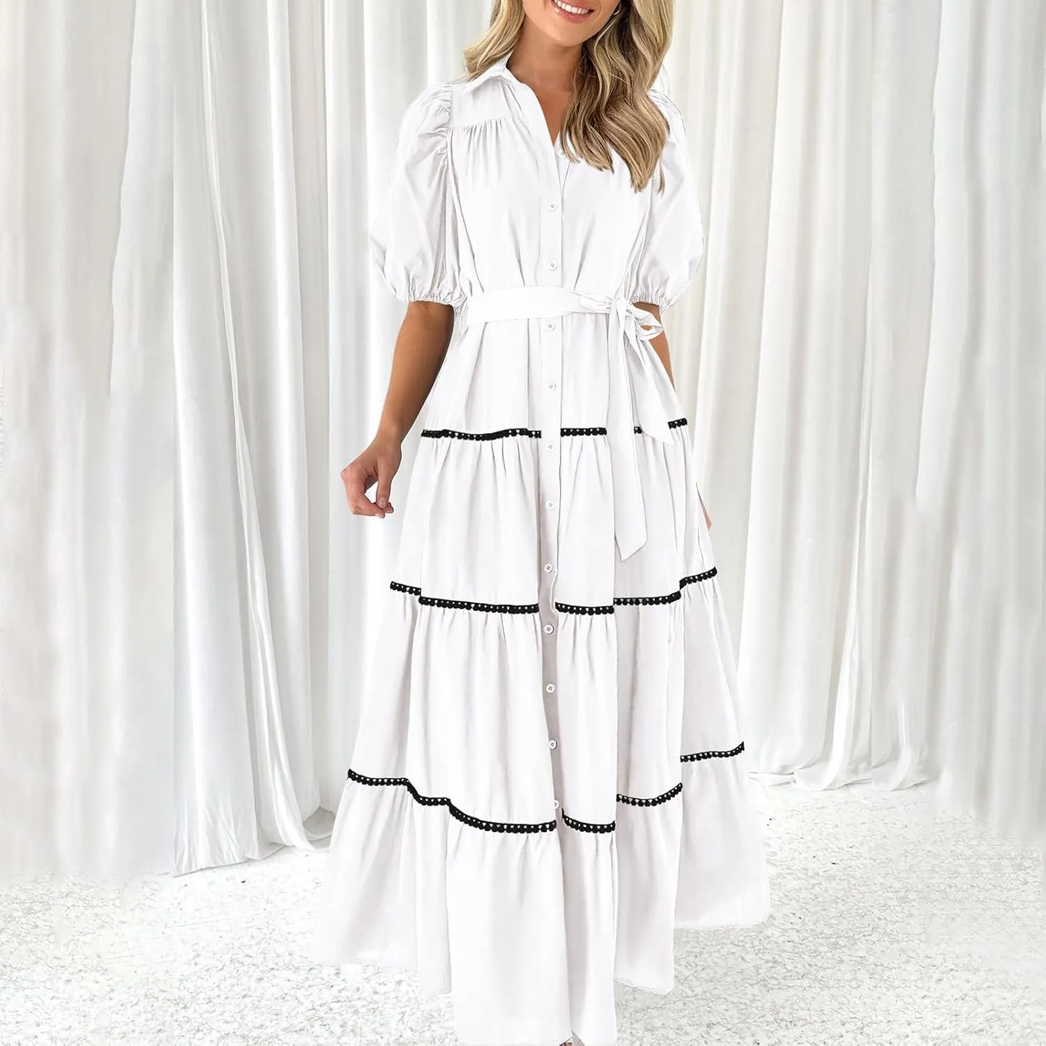 Women 2025 Summer Puff Sleeve Dresses Casual Tiered Ruffle Maxi Dress Ladies Elegant Lace-Up Waist Shirt Dress