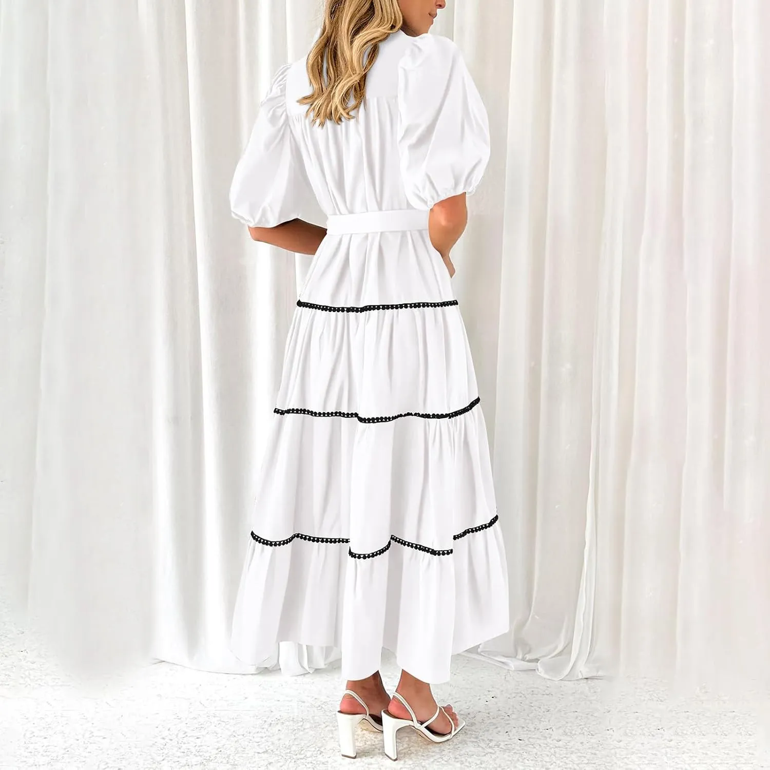 Women 2025 Summer Puff Sleeve Dresses Casual Tiered Ruffle Maxi Dress Ladies Elegant Lace-Up Waist Shirt Dress