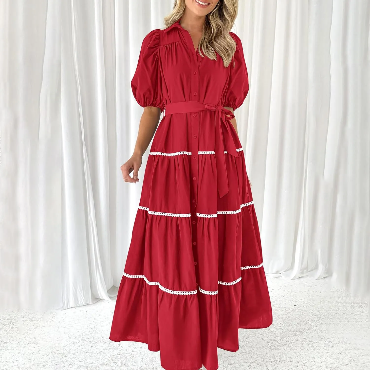 Women 2025 Summer Puff Sleeve Dresses Casual Tiered Ruffle Maxi Dress Ladies Elegant Lace-Up Waist Shirt Dress