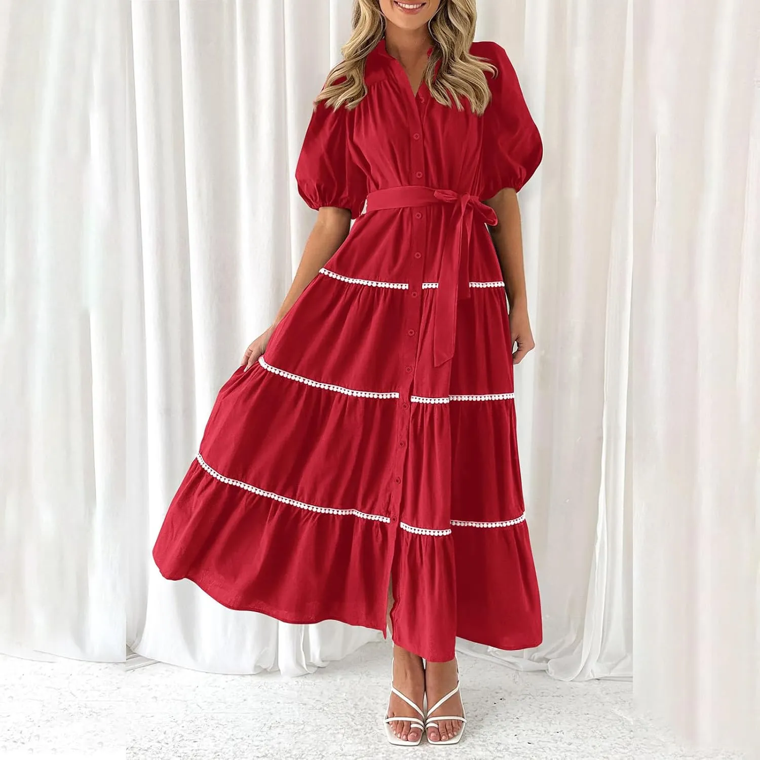 Women 2025 Summer Puff Sleeve Dresses Casual Tiered Ruffle Maxi Dress Ladies Elegant Lace-Up Waist Shirt Dress