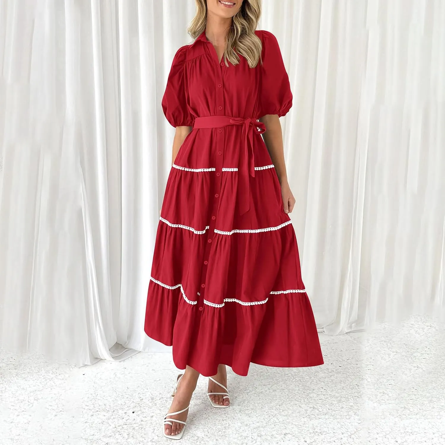 Women 2025 Summer Puff Sleeve Dresses Casual Tiered Ruffle Maxi Dress Ladies Elegant Lace-Up Waist Shirt Dress