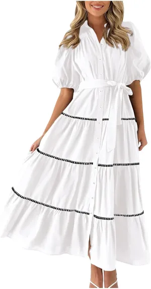 Women 2025 Summer Puff Sleeve Dresses Casual Tiered Ruffle Maxi Dress Ladies Elegant Lace-Up Waist Shirt Dress