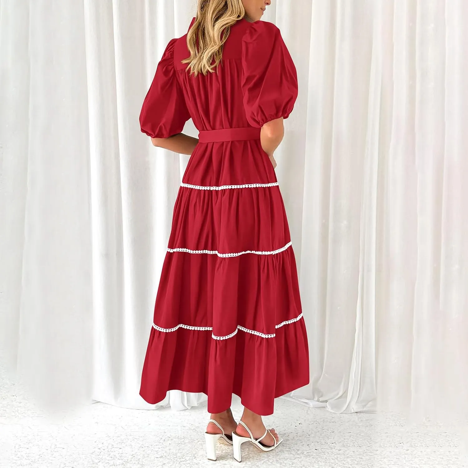 Women 2025 Summer Puff Sleeve Dresses Casual Tiered Ruffle Maxi Dress Ladies Elegant Lace-Up Waist Shirt Dress