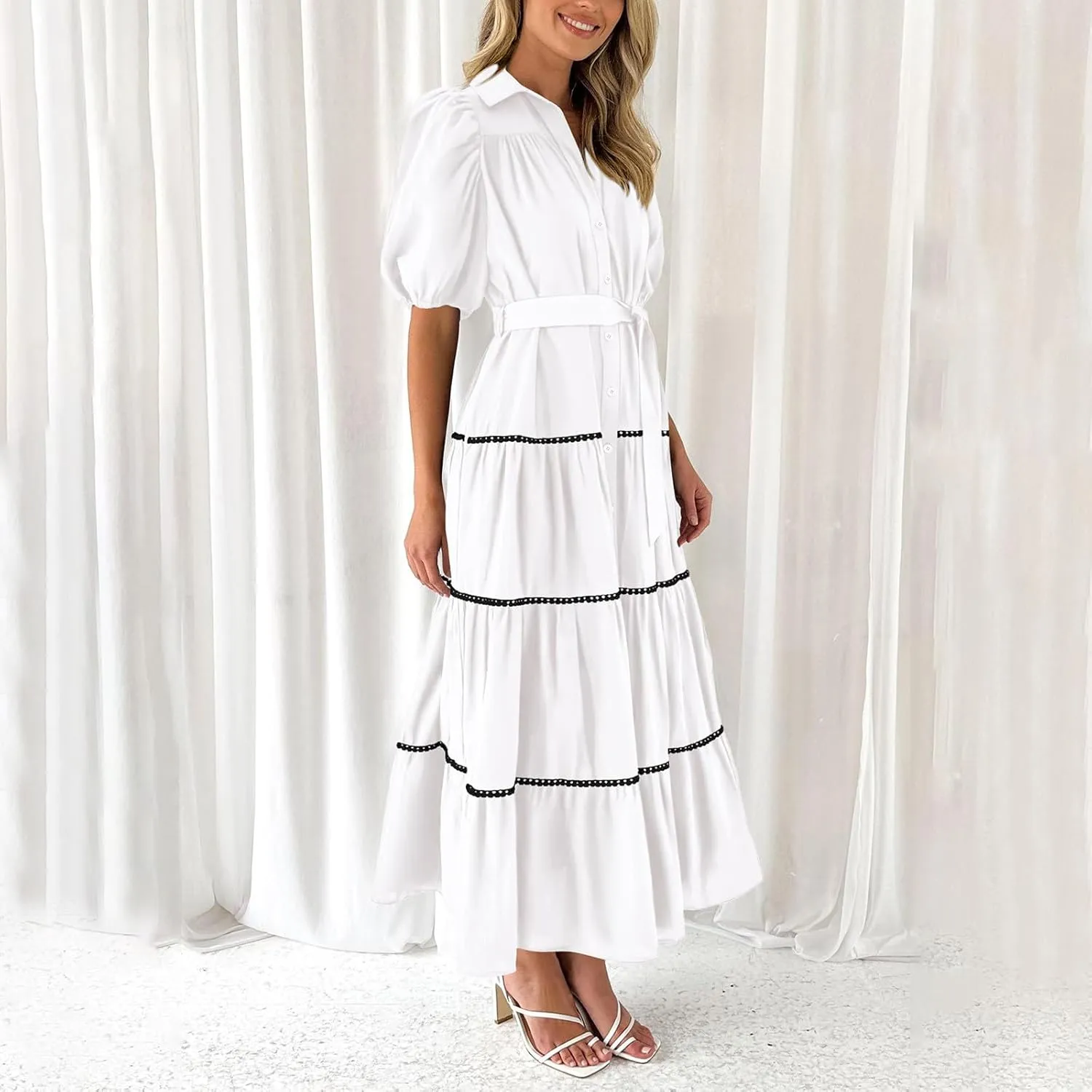 Women 2025 Summer Puff Sleeve Dresses Casual Tiered Ruffle Maxi Dress Ladies Elegant Lace-Up Waist Shirt Dress