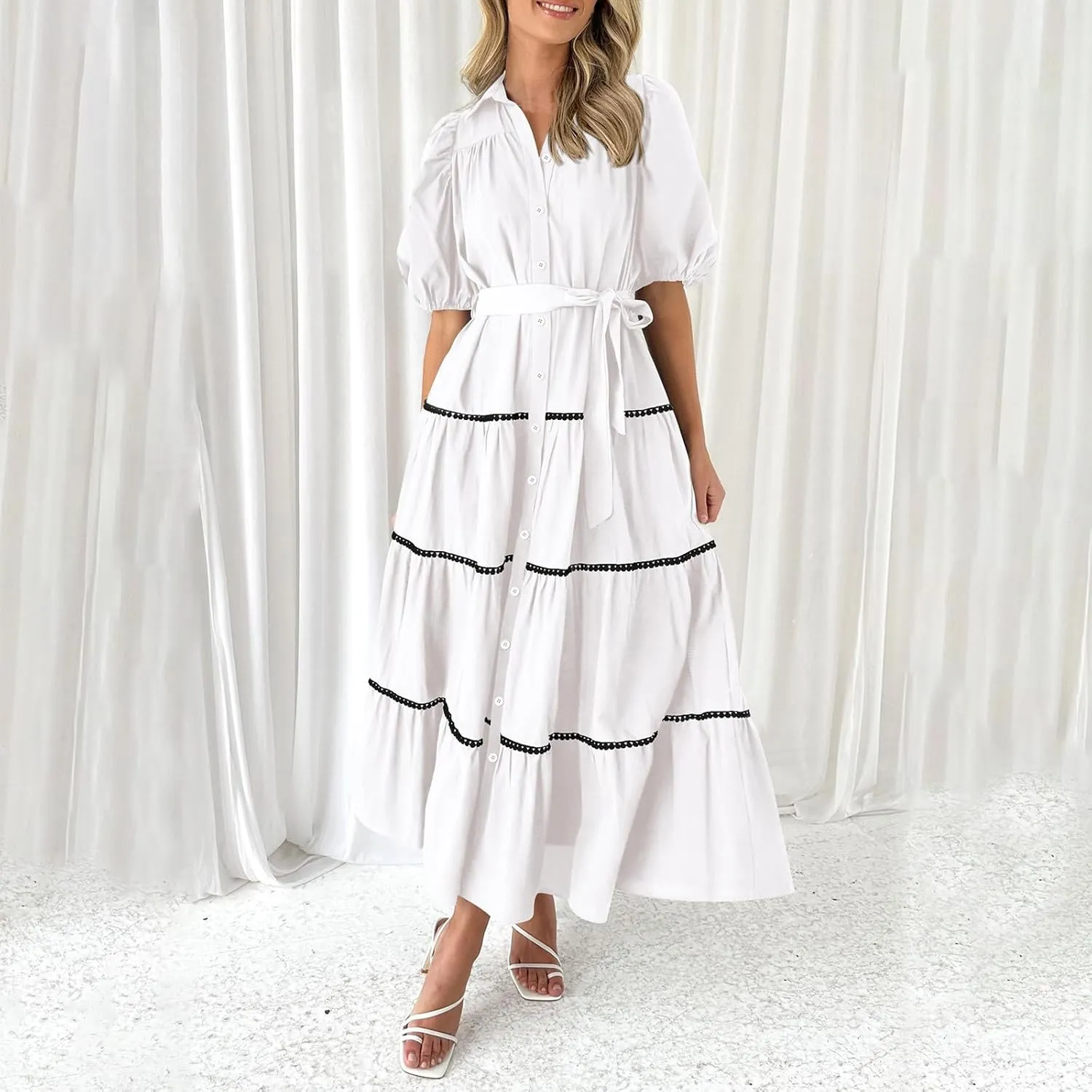 Women 2025 Summer Puff Sleeve Dresses Casual Tiered Ruffle Maxi Dress Ladies Elegant Lace-Up Waist Shirt Dress