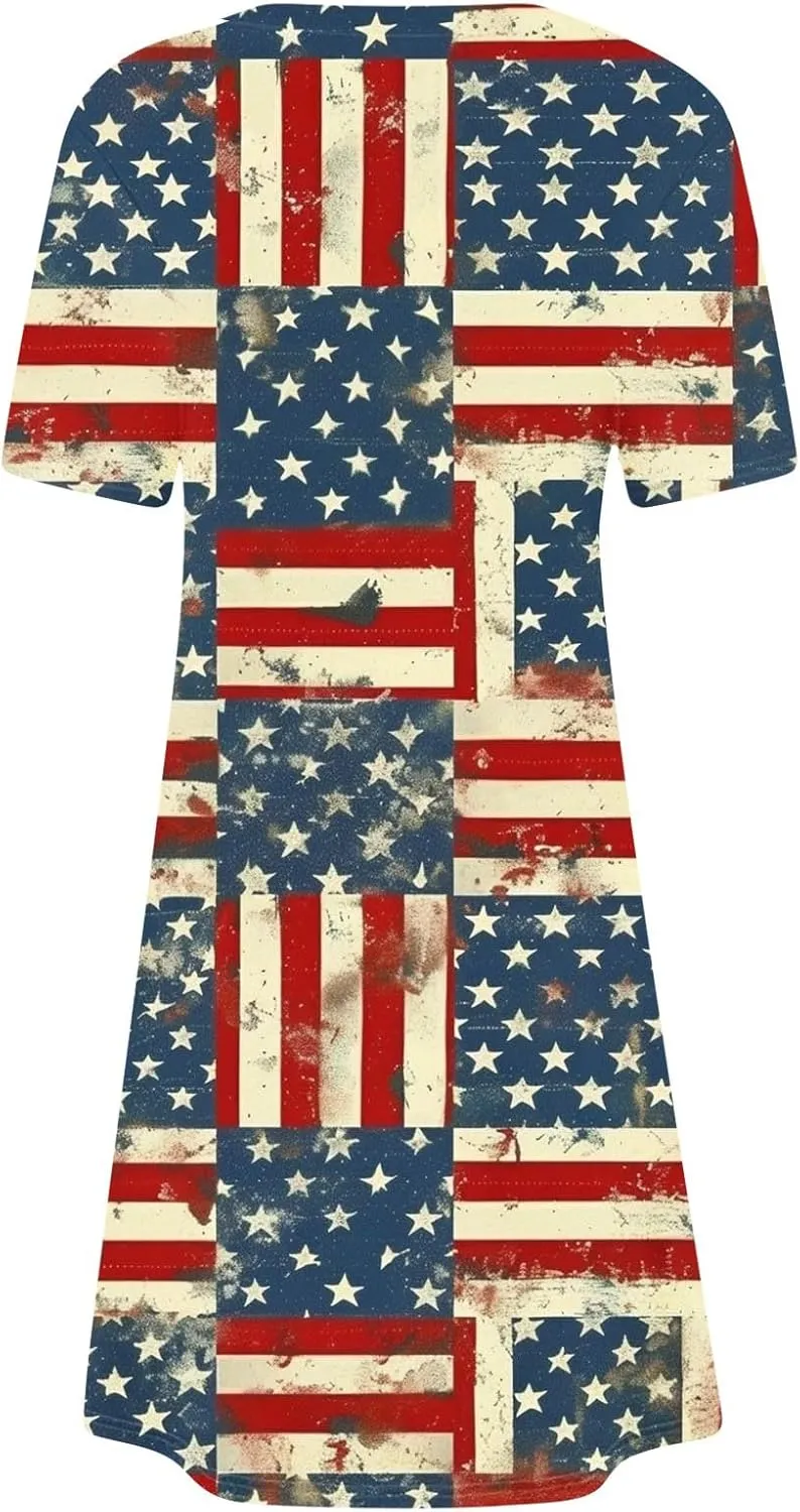 Women 4th of July Dresses American Flag Patriotic Short Sleeve Crewneck Casual Loose Fit Summer Dress