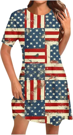 Women 4th of July Dresses American Flag Patriotic Short Sleeve Crewneck Casual Loose Fit Summer Dress