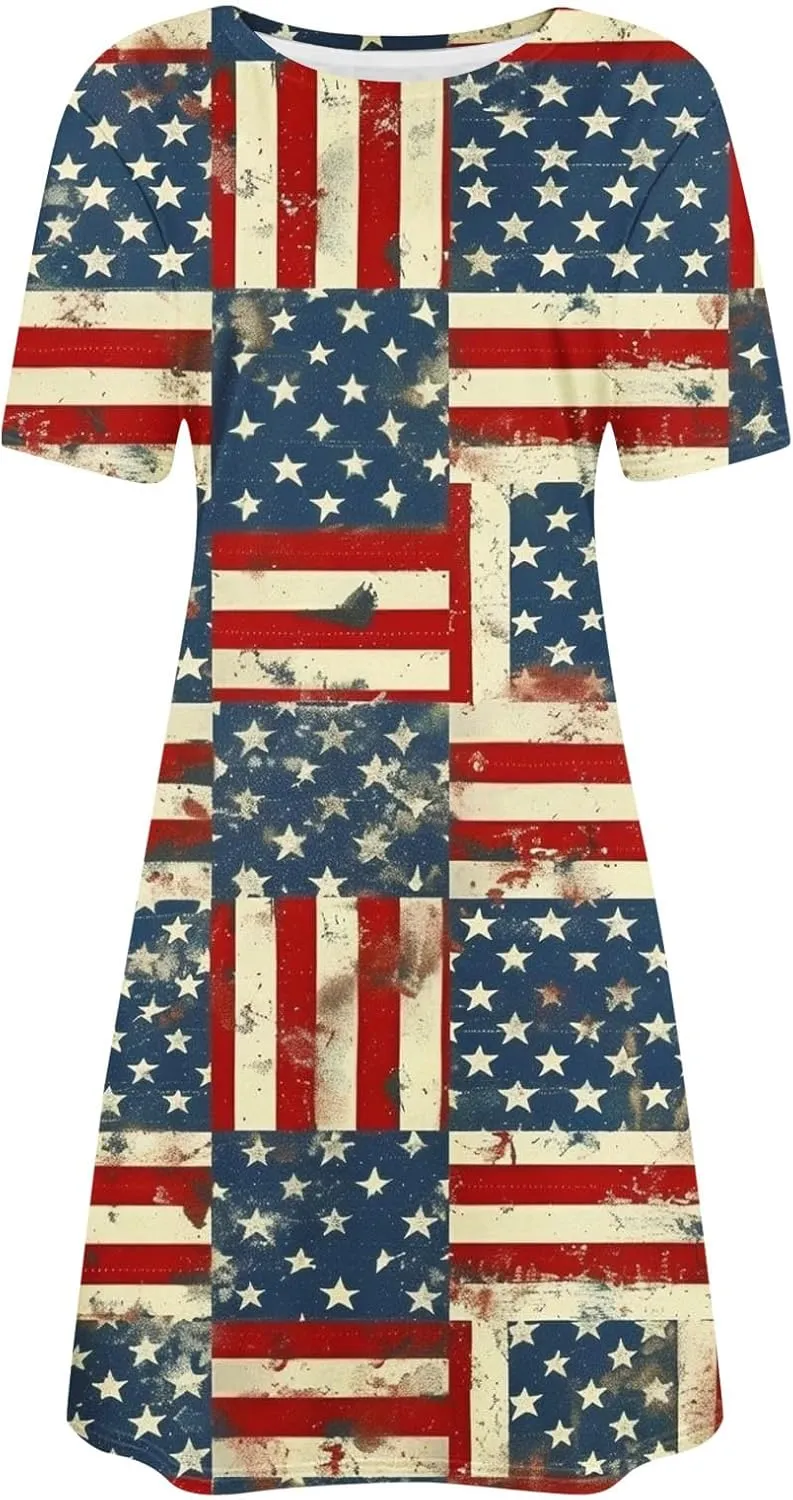 Women 4th of July Dresses American Flag Patriotic Short Sleeve Crewneck Casual Loose Fit Summer Dress