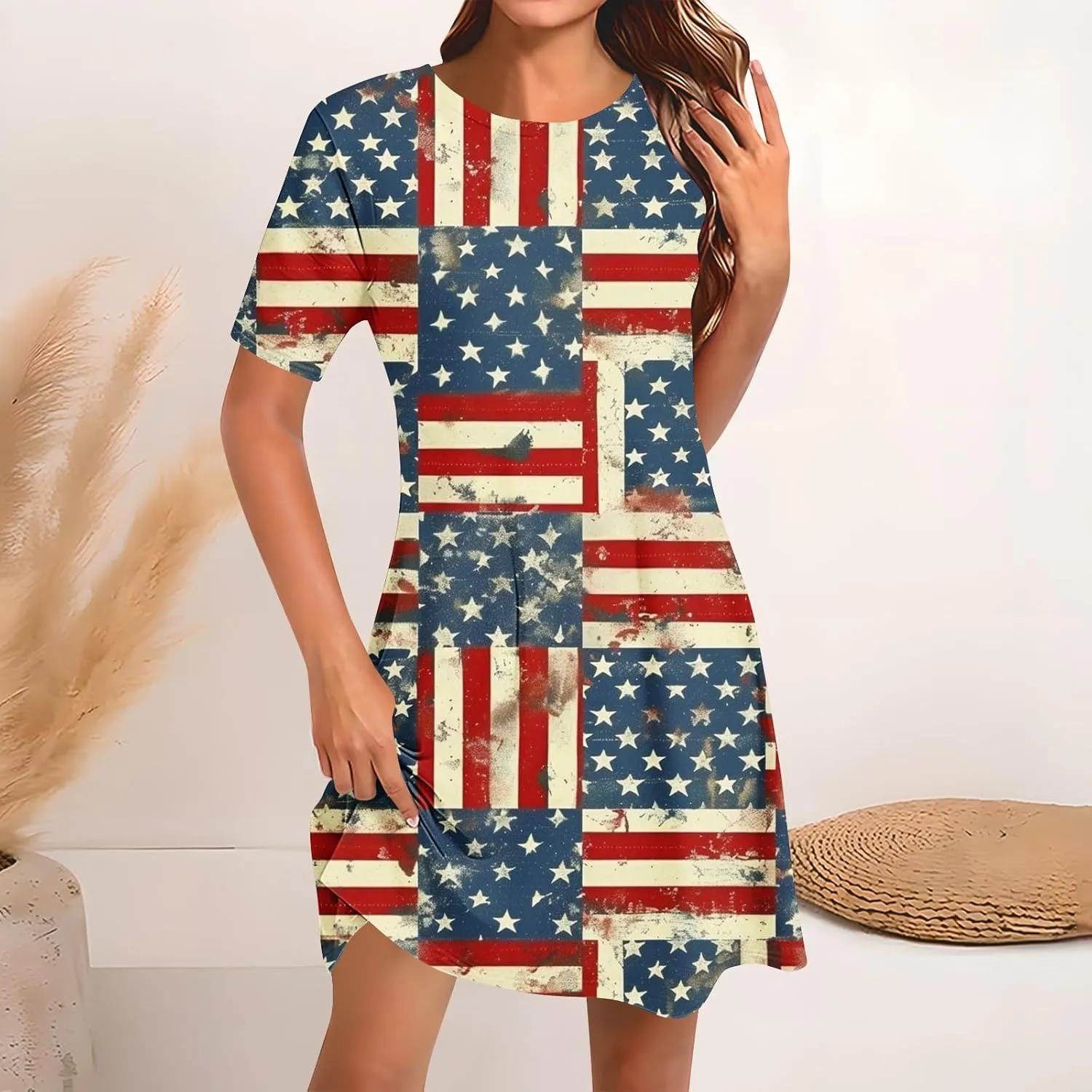 Women 4th of July Dresses American Flag Patriotic Short Sleeve Crewneck Casual Loose Fit Summer Dress