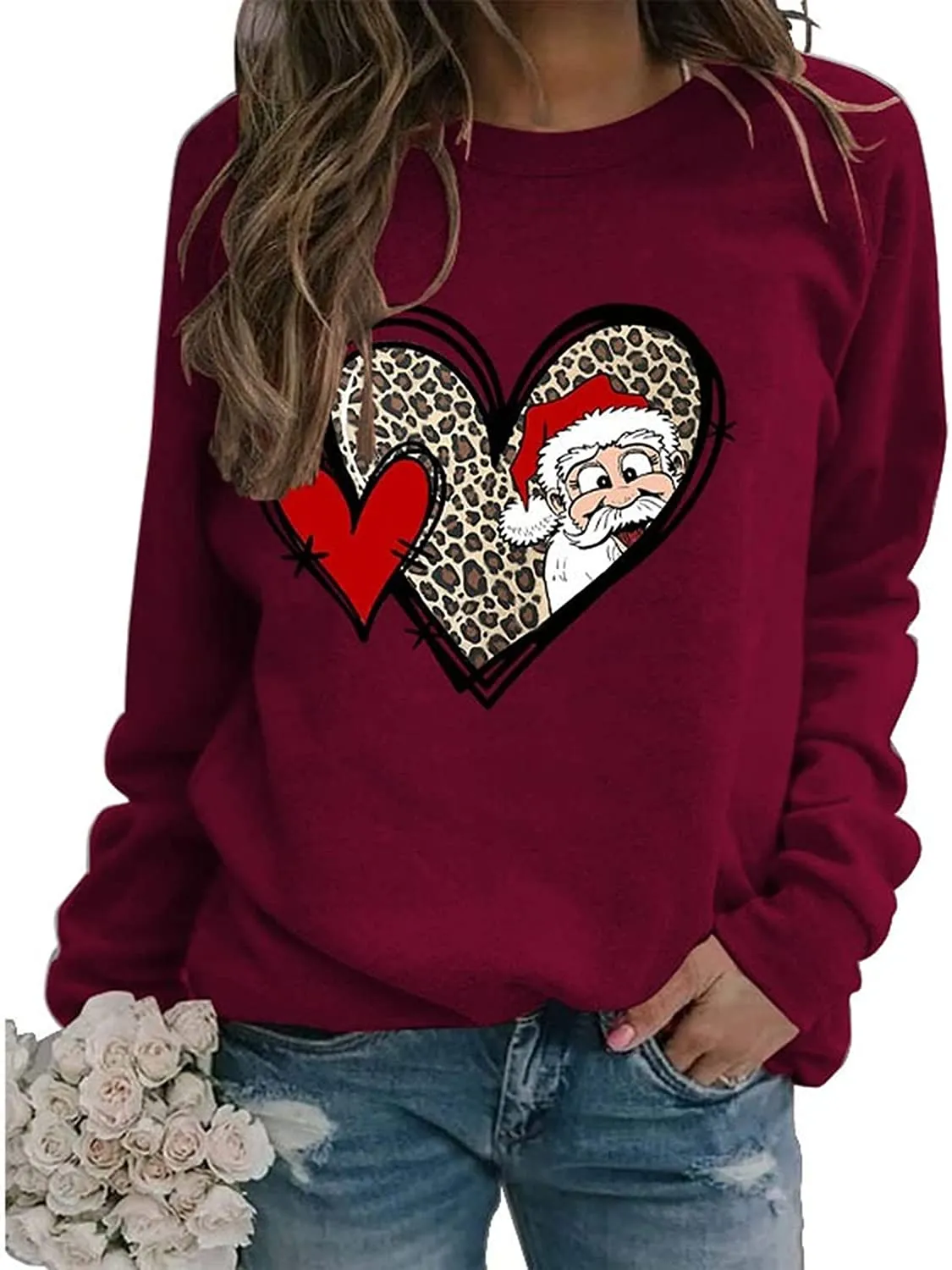 Women Buffalo Plaid Love Heart Santa Christmas Graphic Sweatshirt