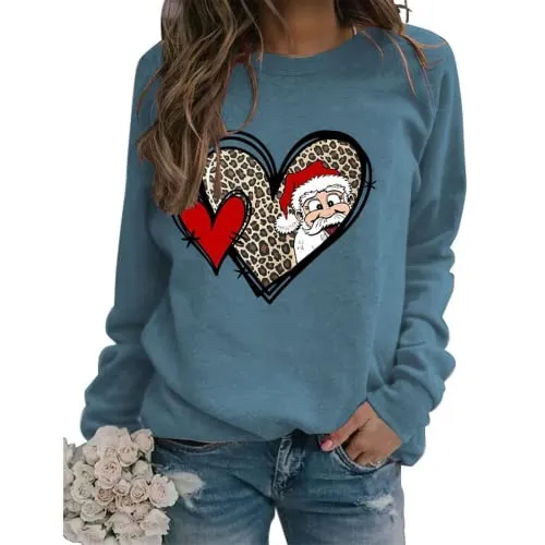 Women Buffalo Plaid Love Heart Santa Christmas Graphic Sweatshirt