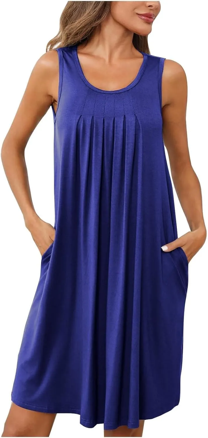Women Crew Neck Dress Short Sleeve T Shirt Dress Comfy Casual Buckle Midi Dress Loose Solid Color Basic Dresses with Pockets