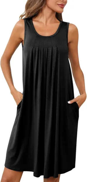 Women Crew Neck Dress Short Sleeve T Shirt Dress Comfy Casual Buckle Midi Dress Loose Solid Color Basic Dresses with Pockets