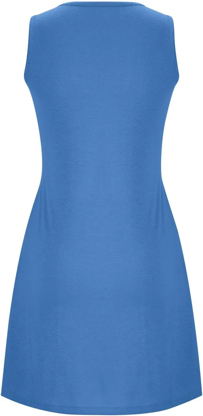 Women Crew Neck Dress Short Sleeve T Shirt Dress Comfy Casual Buckle Midi Dress Loose Solid Color Basic Dresses with Pockets