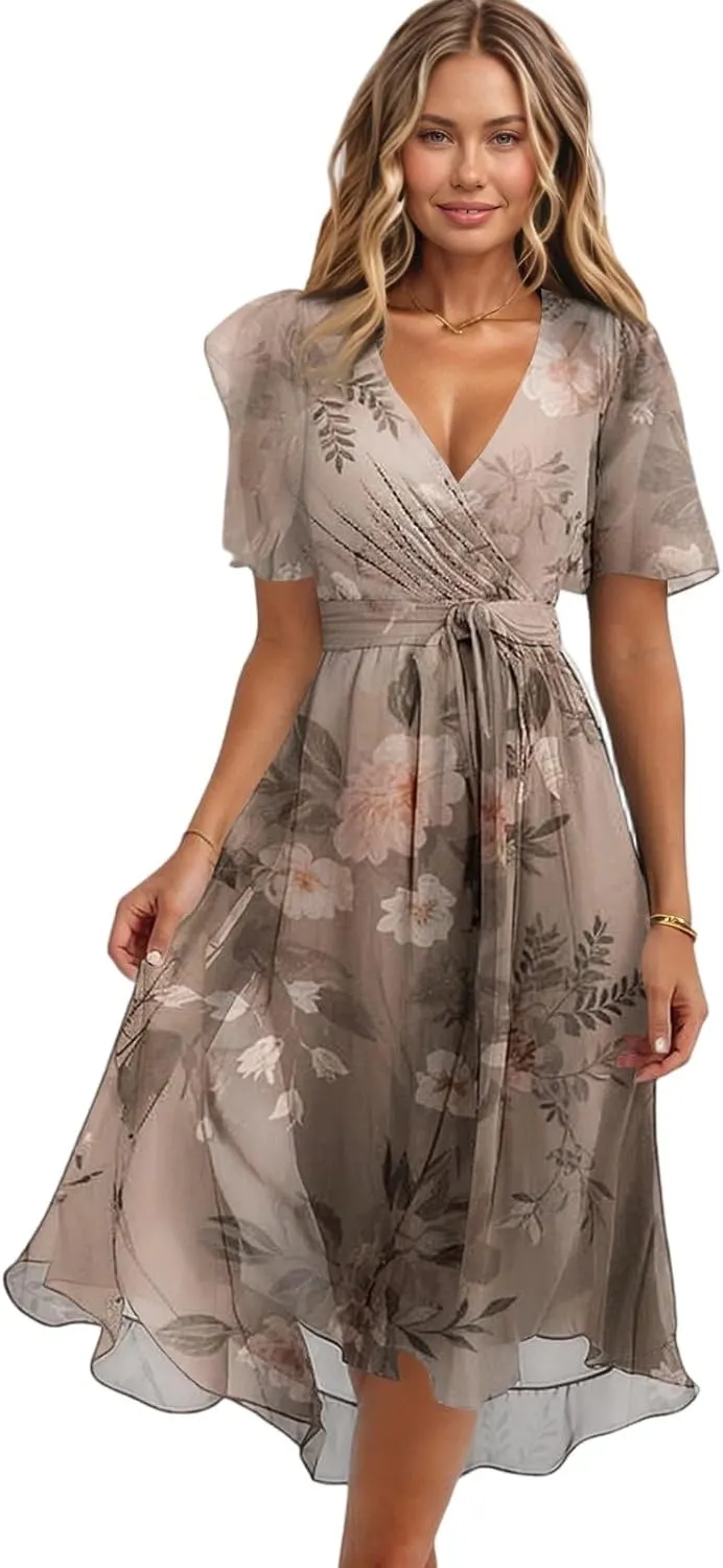 Women Deep V Neck Midi Dresses Casual Summer Puff Sleeve Boho Dress Trendy Flowy Swing Beach Vacation A Line Dresses