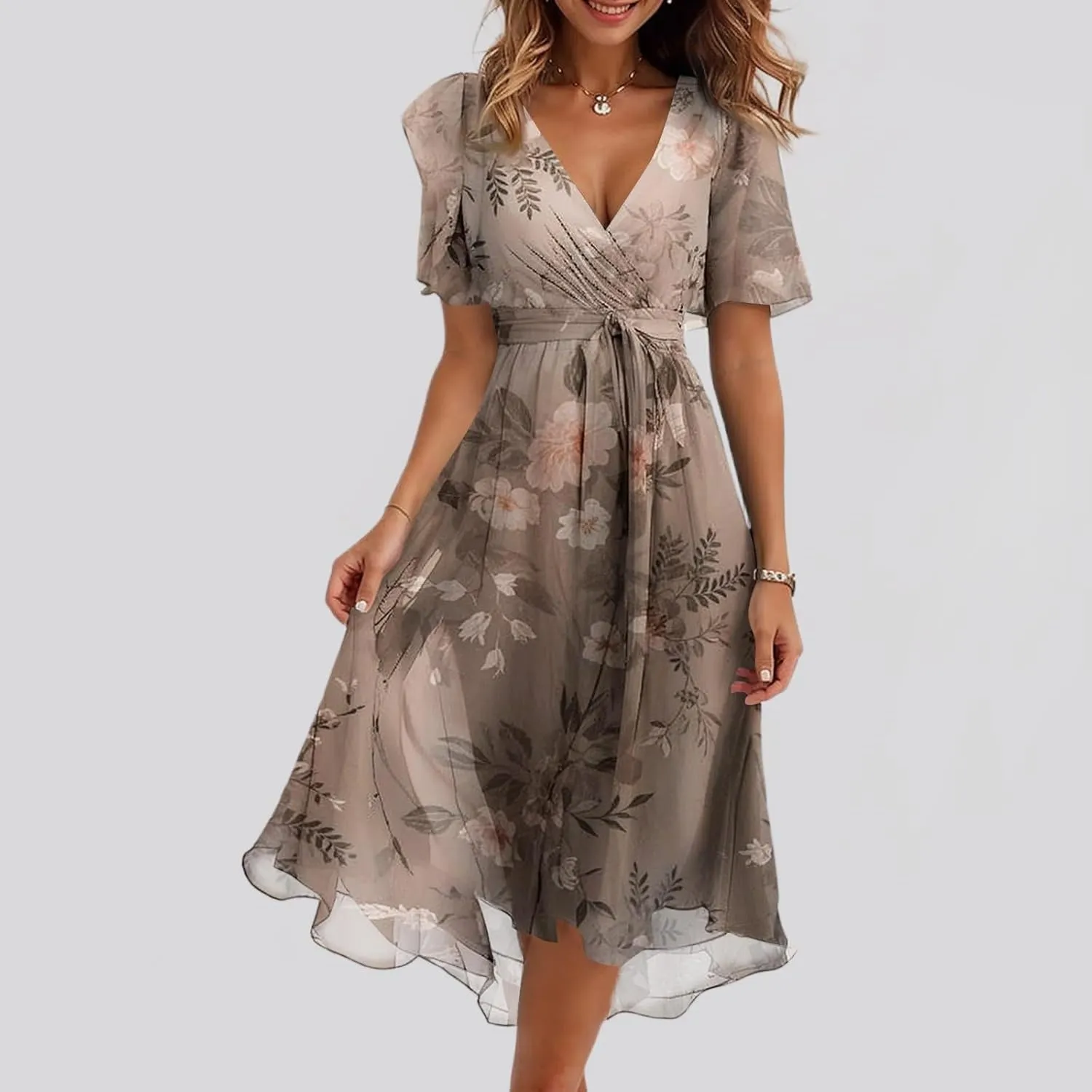 Women Deep V Neck Midi Dresses Casual Summer Puff Sleeve Boho Dress Trendy Flowy Swing Beach Vacation A Line Dresses