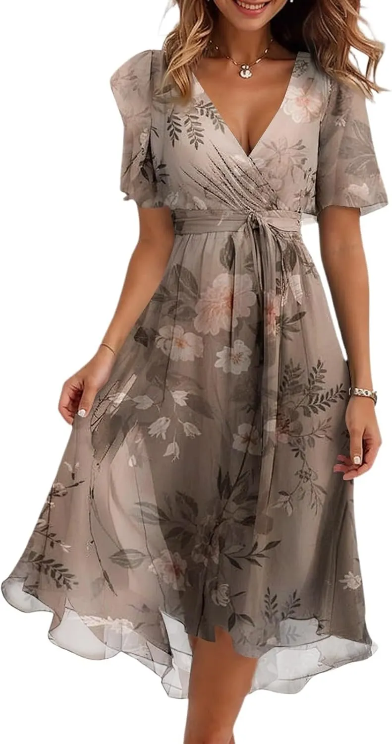 Women Deep V Neck Midi Dresses Casual Summer Puff Sleeve Boho Dress Trendy Flowy Swing Beach Vacation A Line Dresses
