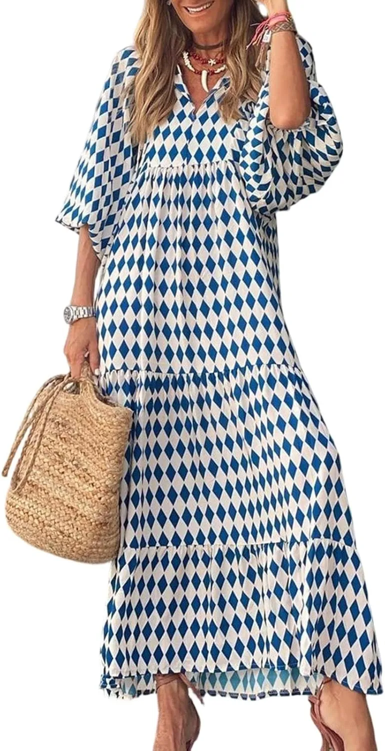 Women Dresses Long Sleeve Smocked Floral Print Maxi Plus Size Elegant Party Bohemian Flowy Dress