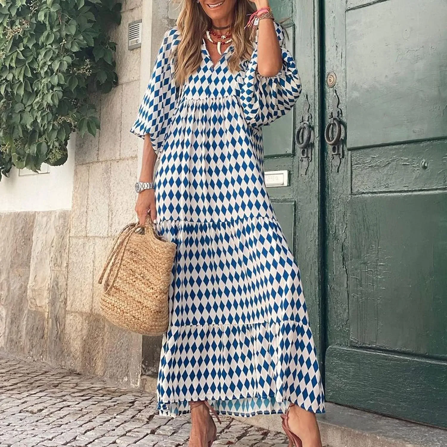 Women Dresses Long Sleeve Smocked Floral Print Maxi Plus Size Elegant Party Bohemian Flowy Dress