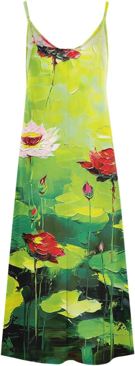 Women Floral Summer Sundresses 2025 Spaghetti Strap Maxi Dresses Spring Flower Boho Dress Boho Beach Vacation Clothes