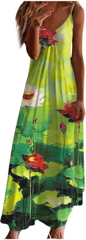 Women Floral Summer Sundresses 2025 Spaghetti Strap Maxi Dresses Spring Flower Boho Dress Boho Beach Vacation Clothes