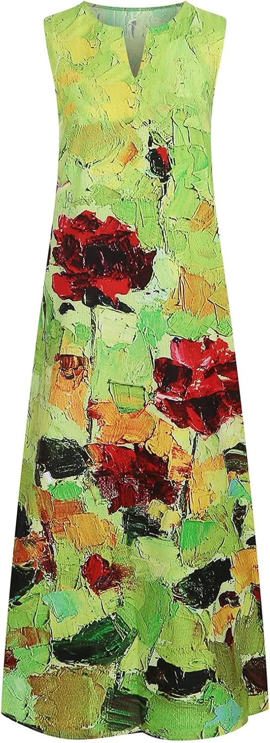 Women Foral Boho Causal Dress Summer Vacation Sun Dresses Sleeveless Flowy Dress Sundress 2024 Rendy Boho Clothing