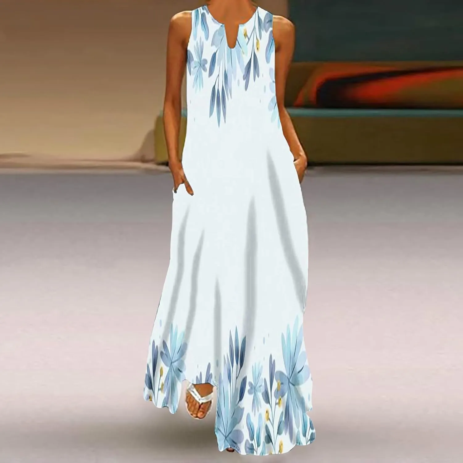 Women Foral Boho Causal Dress Summer Vacation Sun Dresses Sleeveless Flowy Dress Sundress 2024 Rendy Boho Clothing