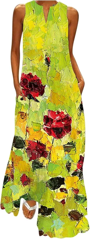 Women Foral Boho Causal Dress Summer Vacation Sun Dresses Sleeveless Flowy Dress Sundress 2024 Rendy Boho Clothing