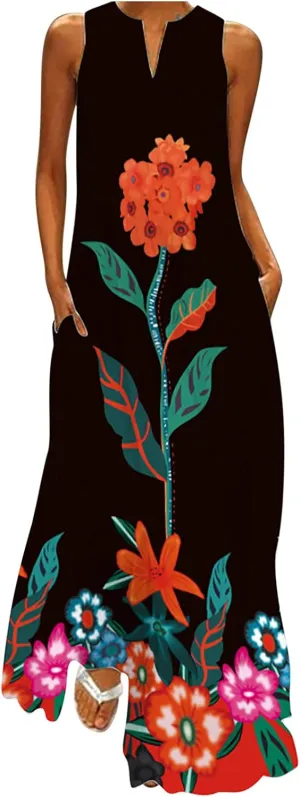 Women Foral Boho Causal Dress Summer Vacation Sun Dresses Sleeveless Flowy Dress Sundress 2024 Rendy Boho Clothing