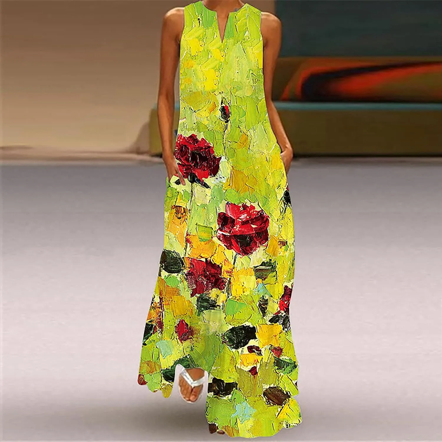 Women Foral Boho Causal Dress Summer Vacation Sun Dresses Sleeveless Flowy Dress Sundress 2024 Rendy Boho Clothing