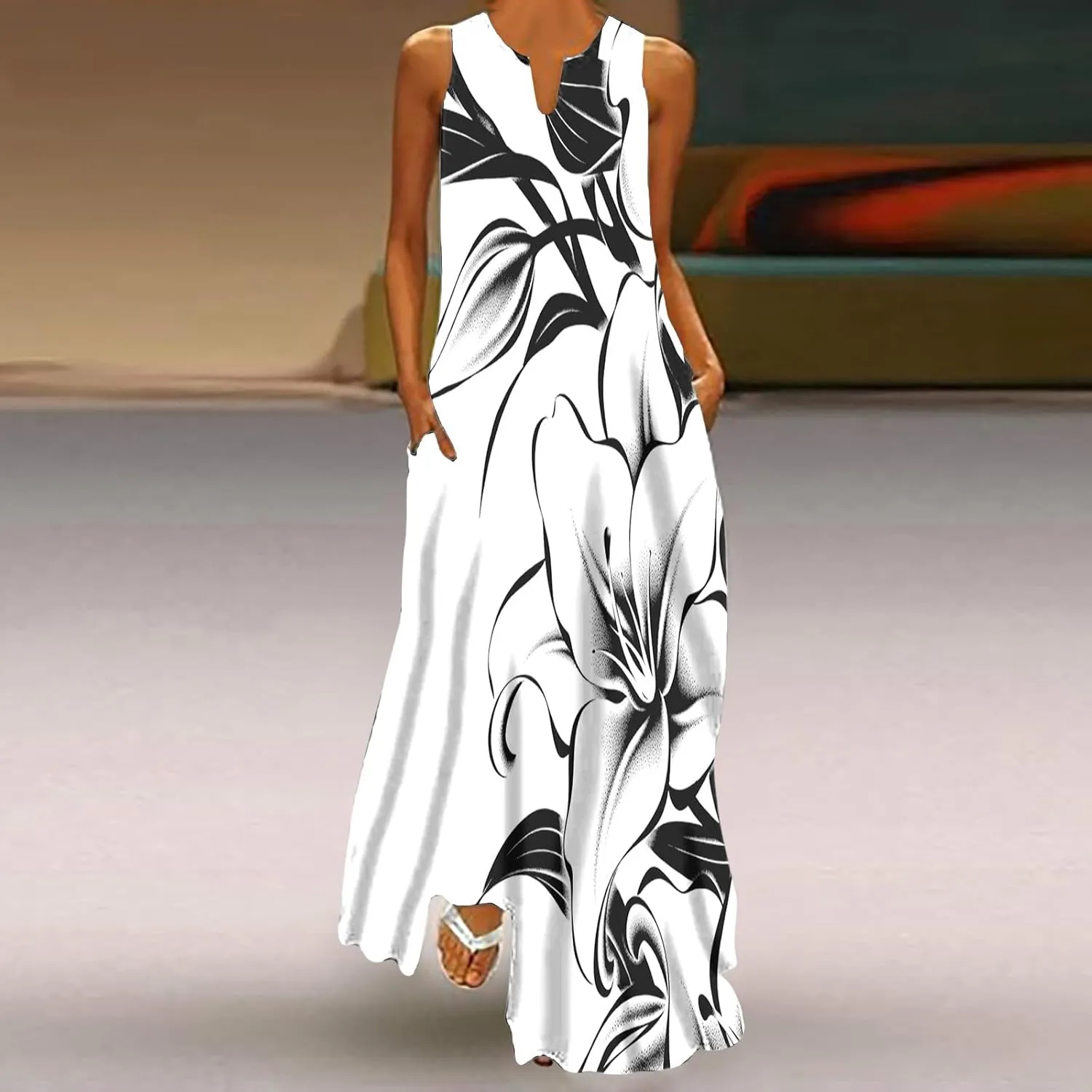 Women Foral Boho Causal Dress Summer Vacation Sun Dresses Sleeveless Flowy Dress Sundress 2024 Rendy Boho Clothing