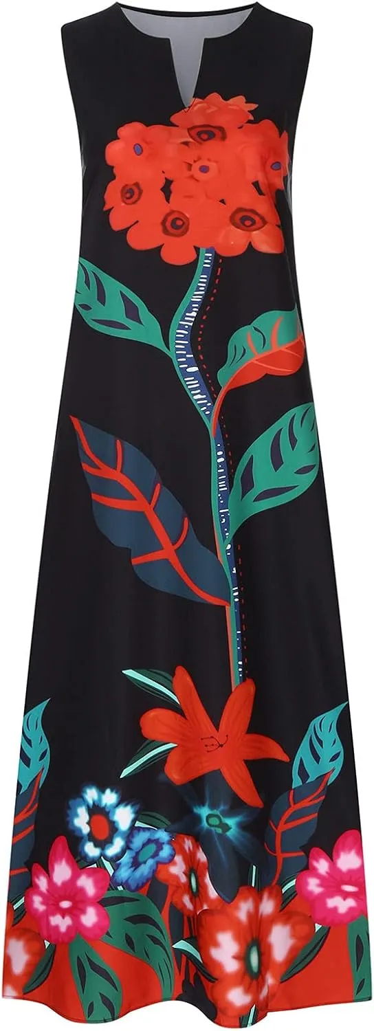 Women Foral Boho Causal Dress Summer Vacation Sun Dresses Sleeveless Flowy Dress Sundress 2024 Rendy Boho Clothing