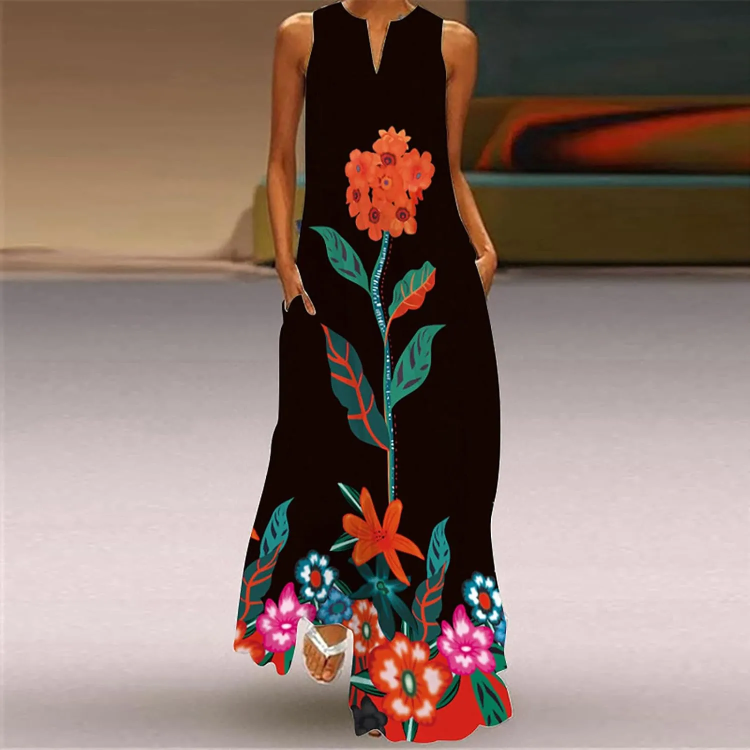 Women Foral Boho Causal Dress Summer Vacation Sun Dresses Sleeveless Flowy Dress Sundress 2024 Rendy Boho Clothing