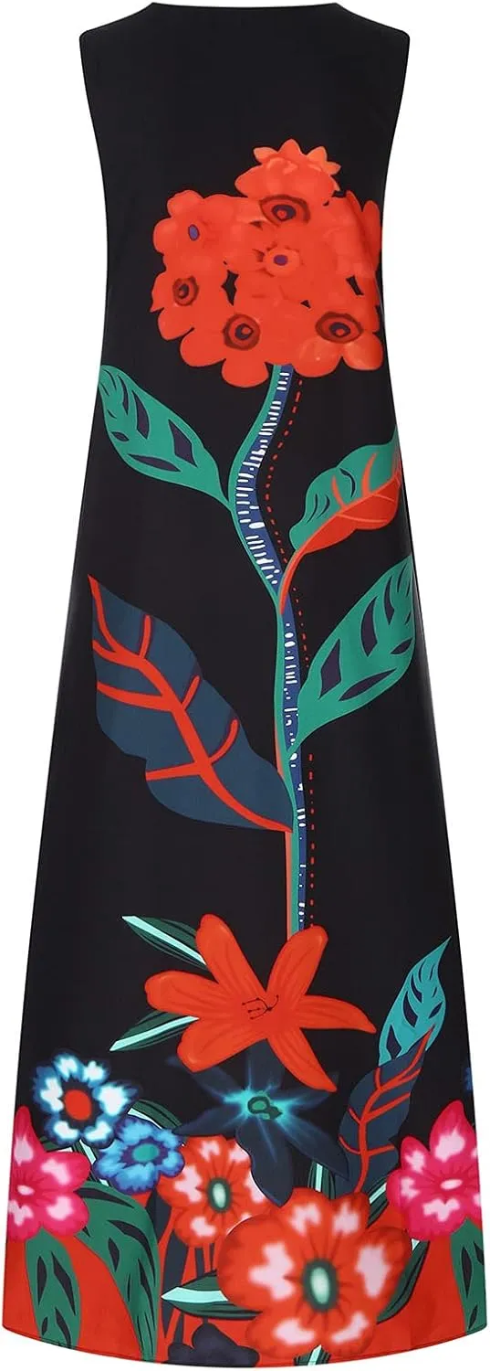 Women Foral Boho Causal Dress Summer Vacation Sun Dresses Sleeveless Flowy Dress Sundress 2024 Rendy Boho Clothing